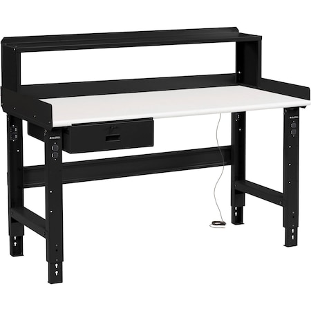 Global Industrial 60 x 30 Adj Height Workbench w/Drawer&Riser, Black- ESD Safety Edge Top 250225BBK